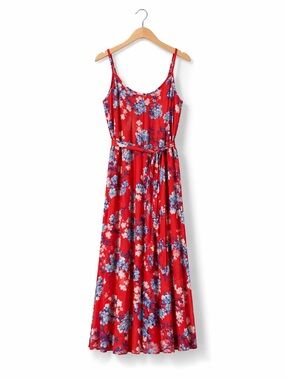 PREMIER AMOUR Red Floral Midi Dress Tie Waist Slip Sundress